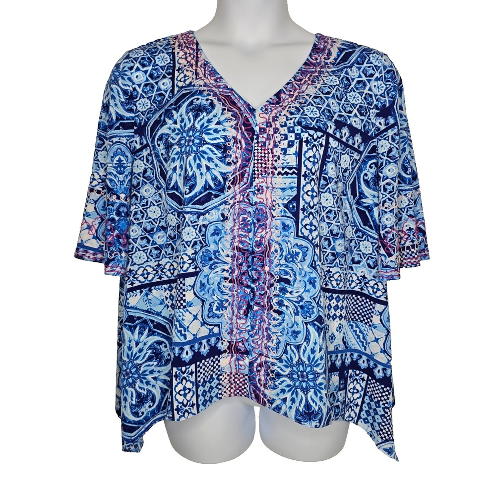Chicos Womens Top XL 3 Blue Embroided Floral Medallion Patchwork Boho Blouse